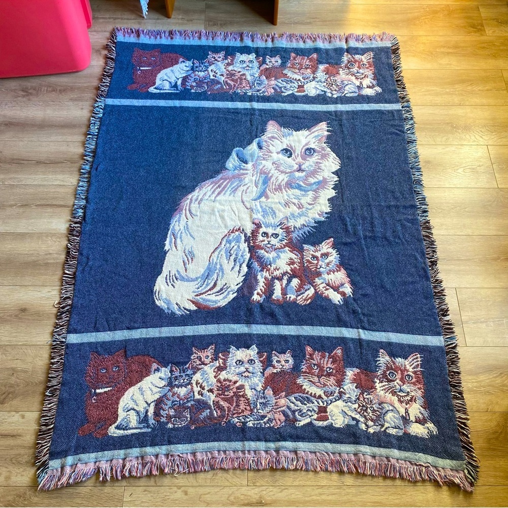 Vintage Cat blanket woven tapestry rug Persian cat with kittens